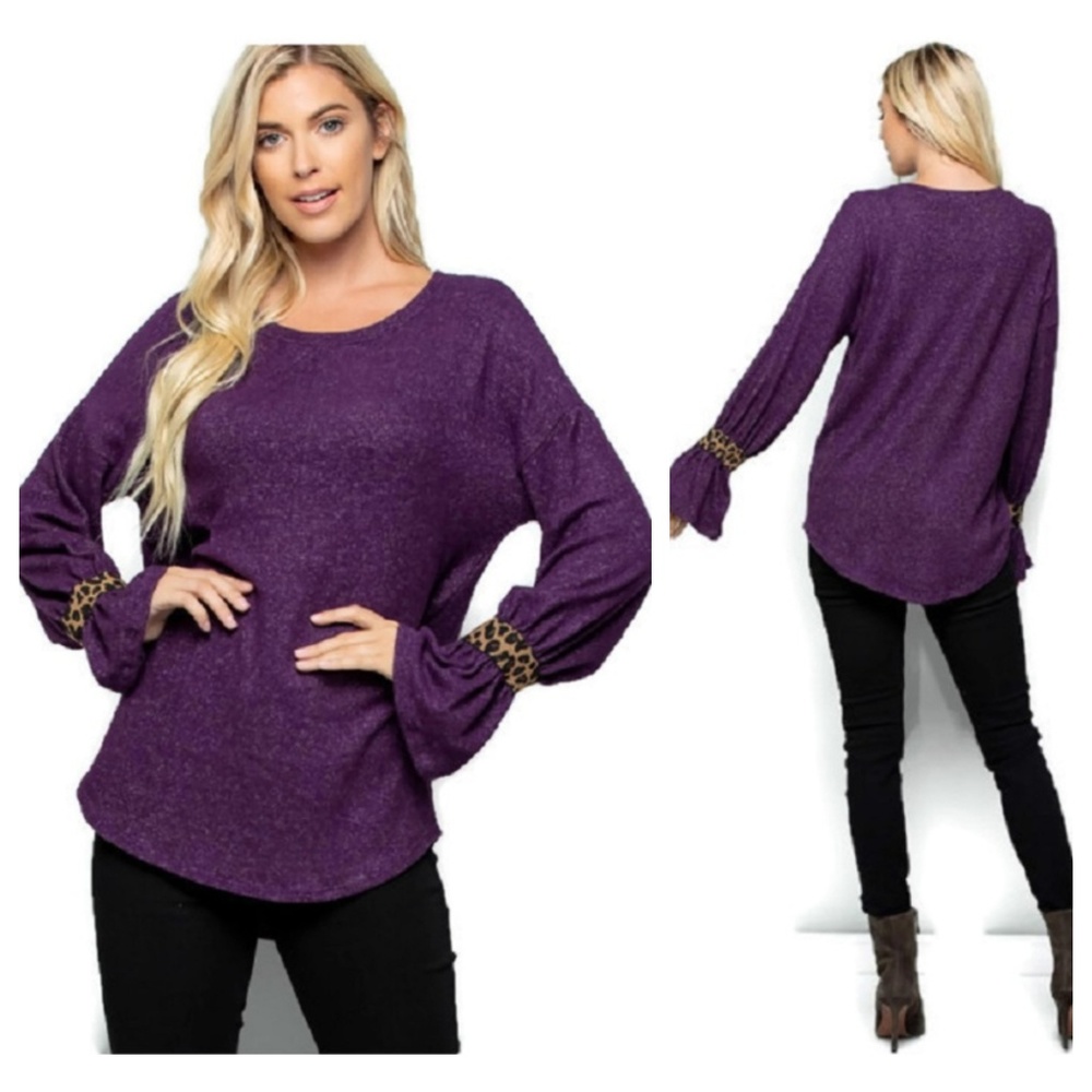 Solid Ruffle Long Sleeve Top w/ Leopard Cuff